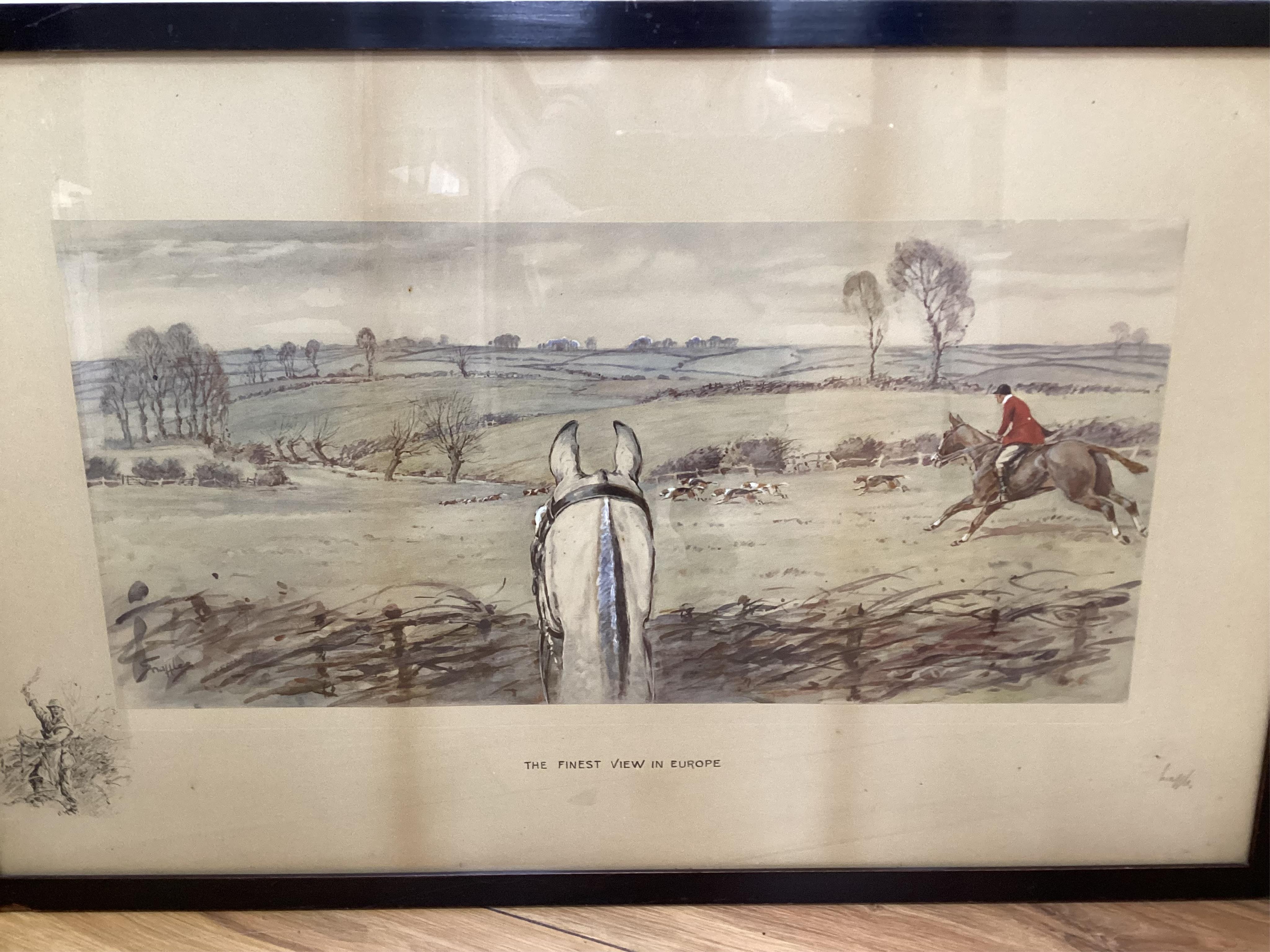 Four hunting interest prints after Snaffles, Munnings and Aldin to include ‘The Finest View in Europe’ and ‘The Huntsman’, largest 54 x 74cm